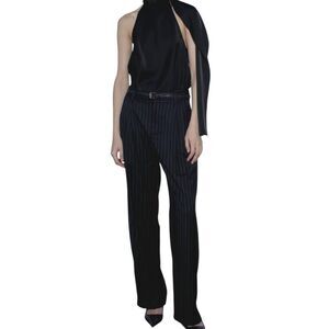 Elie Tahari Pants Womens 8 Black Pinstripe Wide Leg Virgin Wool Blend Dressy